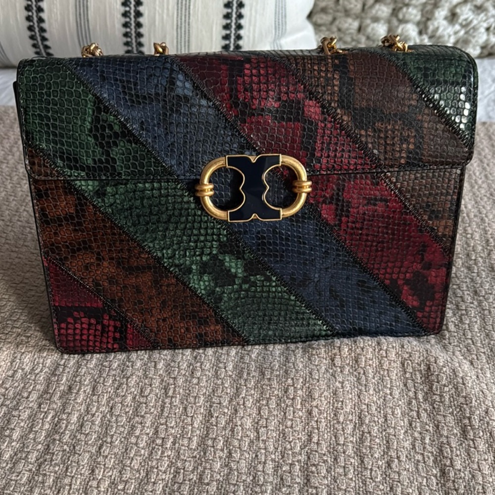 Authentic Tory Burch Multicolor Snake Print Handbag with Gold Chain - Like New - Picture 2 of 4